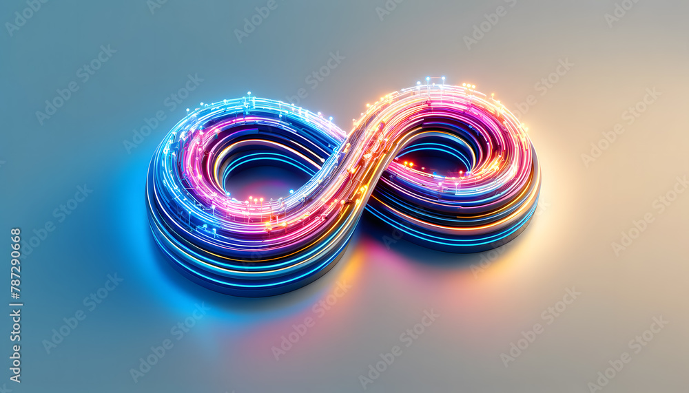Poster An infinity symbol, crafted from a flowing ribbon of golden light that twists and turns, creating a loop against a dark cosmic background.