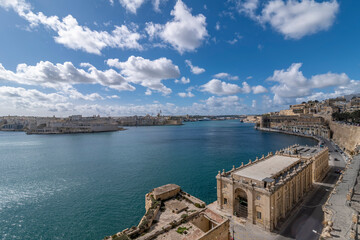 Aerial view of the Grand Harbour, Valletta, Malta, under a beautiful sky