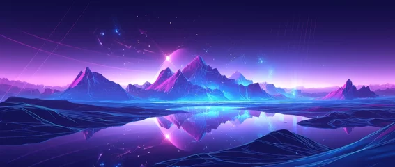 Fototapeten Dynamic Blue-Purple Glowing Line Landscape: Futuristic Waves and Peaks © Da