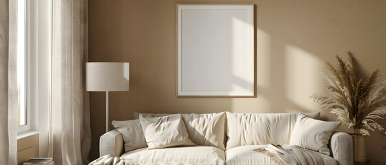 A blank white frame on a wall adds potential for artistic expression in a bright and cozy living area