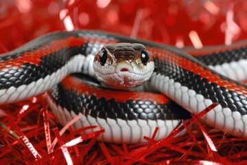 Fototapeta premium Snake a symbol of 2025 year in a shiny red festive background. New Year celebration
