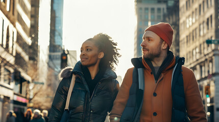 Obraz premium A diverse biracial couple walks in a city on vacation with copy space the couple strolls down the street suggesting travel or urban exploration : Generative AI