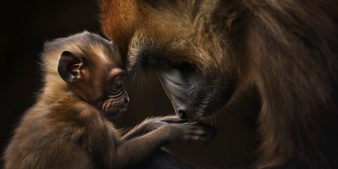 An intimate portrait of a mother baboon tenderly embracing her baby, expressing maternal love and protection - obrazy, fototapety, plakaty