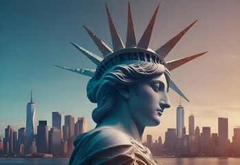 New York's Statue of Liberty. The Lower Manhattan Skylines New York City - obrazy, fototapety, plakaty