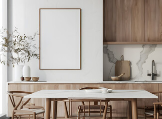A stylish kitchen setup with a blank frame on the wall, wooden cabinetry, and a sleek dining table