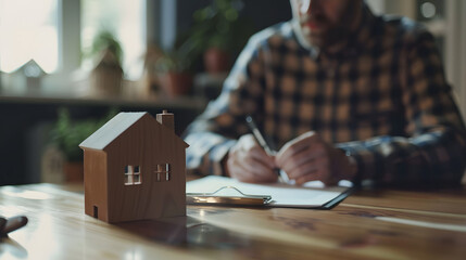 In a well-lit setting, an individual is busy signing important papers with a detailed wooden house model nearby, suggesting a housing deal - obrazy, fototapety, plakaty