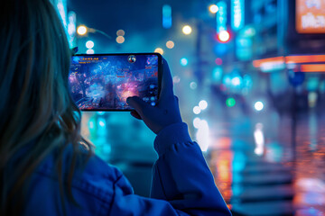 Playing games on smartphone. Esports, mobile gaming. Closeup of a gamer holding a gaming smartphone with a mobile game on the screen