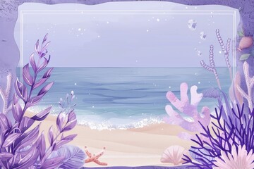 A beautiful watercolor painting of a beach scene with purple coral, starfish, and shells in the foreground, and a blue sea and sandy beach in the background.
