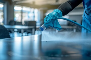 Cleaning staff ensuring office hygiene, disinfectant spraying for cleanliness in organization