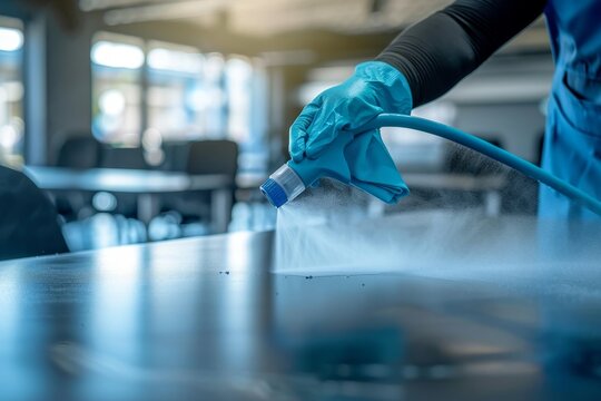Cleaning staff ensuring office hygiene, disinfectant spraying for cleanliness in organization