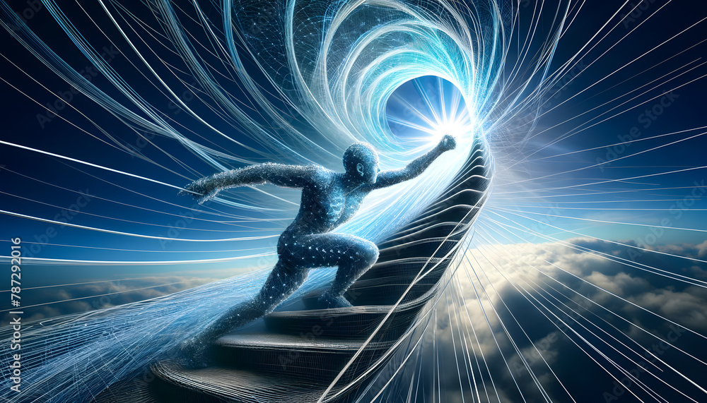 Poster concept of 'never give up'. a lone figure climbing a steep mountain composed of abstract geometric s