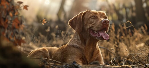 A joyful brown dog enjoying the serene surroundings and autumn vibe as a leaf gently falls beside it
