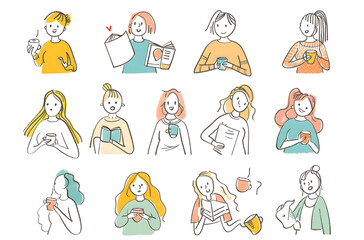 Clean and minimalistic illustrations of women absorbed in activities like reading, drinking tea, and interacting, representing simplicity and focus