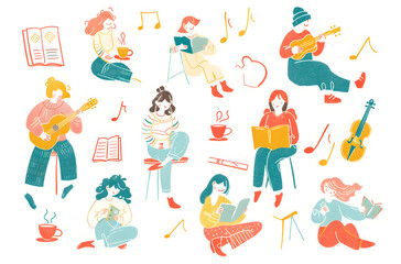 Colorful artwork of women in various poses playing musical instruments, reading, and enjoying coffee, symbolizing the joy of personal interests