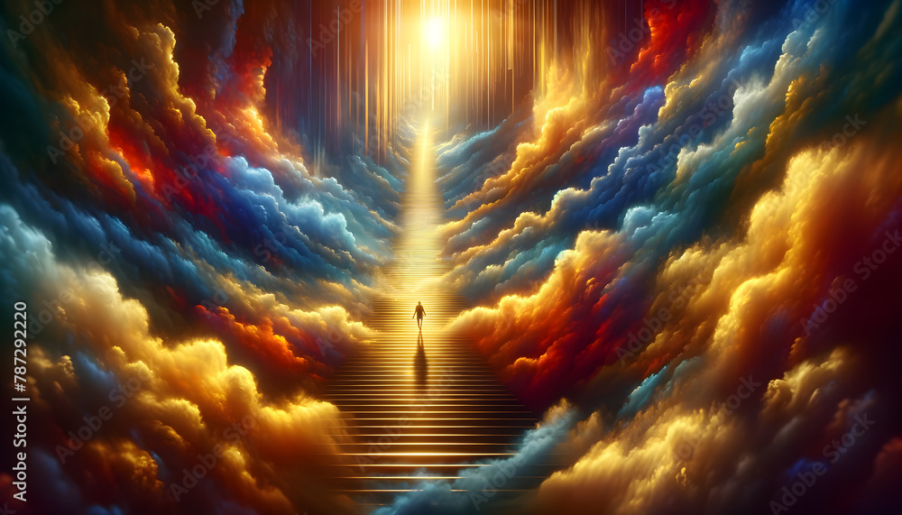 Poster concept of 'never give up'. a solitary figure ascending a steep, seemingly endless staircase that ex