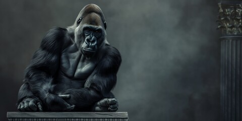 Thoughtful gorilla seated on a bench with a censored sign over its face, evoking censorship concepts - obrazy, fototapety, plakaty
