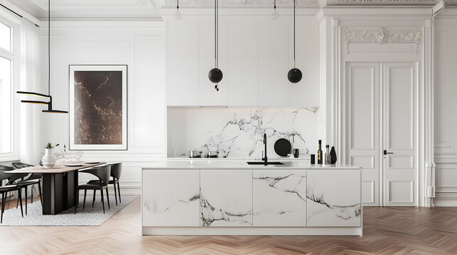 The image captures a bright kitchen with white marble island, black accents, and an artistic touch with a statement wall art