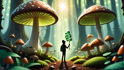 Fantasy forest with mushrooms and man. 3D Rendering.