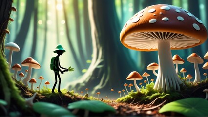 Fantasy forest with mushrooms and man. 3D Rendering. - obrazy, fototapety, plakaty