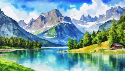 A watercolor masterpiece illustrates the Alps and a beautiful lake.  - obrazy, fototapety, plakaty