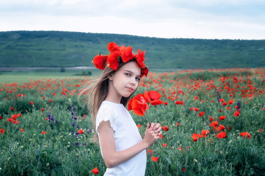 Portrait of a beautiful little girl with a flower wreath on her head on the background of a blossomed poppy field before the sunset.