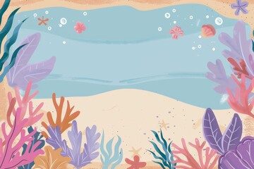 Fototapeta na wymiar A vector illustration of an underwater scene with a sandy bottom. There are various species of coral and seaweed, as well as a few fish and other sea creatures. The water is a light blue color and the