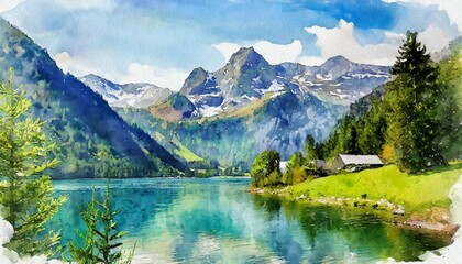 Fototapeta na wymiar A watercolor masterpiece illustrates the Alps and a beautiful lake. 