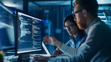 Side view portrait of two software developers using laptop together while working on project in IT company office copy space : Generative AI