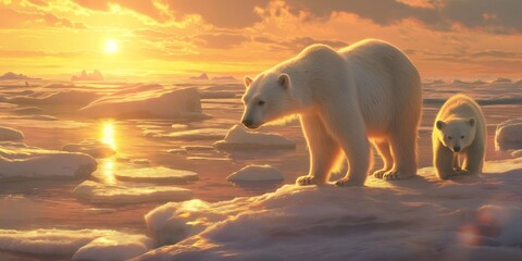 A mother polar bear and cub navigate melting ice during sunset, highlighting climate change impact on habitats
