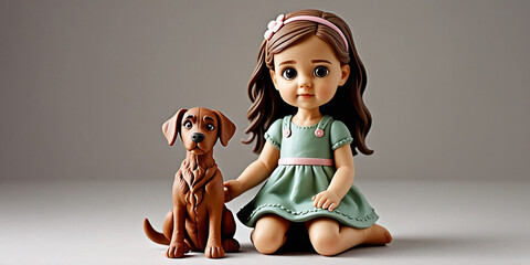 Personnage en pâte à modeler : Petite fille à côté d'un gros chien - obrazy, fototapety, plakaty
