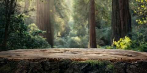 A wooden tabletop in the foreground with a lush, sunlit forest background inviting product display