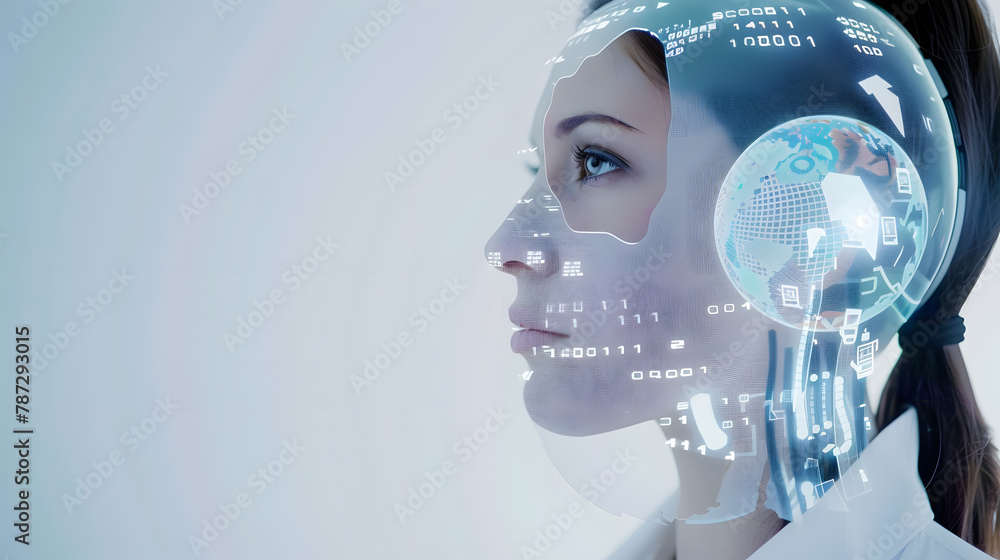 Poster Attractive businesswoman with robot face on white background Digital interface with binary code and head with virtual globe in the foreground Concept of artificial intelligence Copy sp : Generative AI