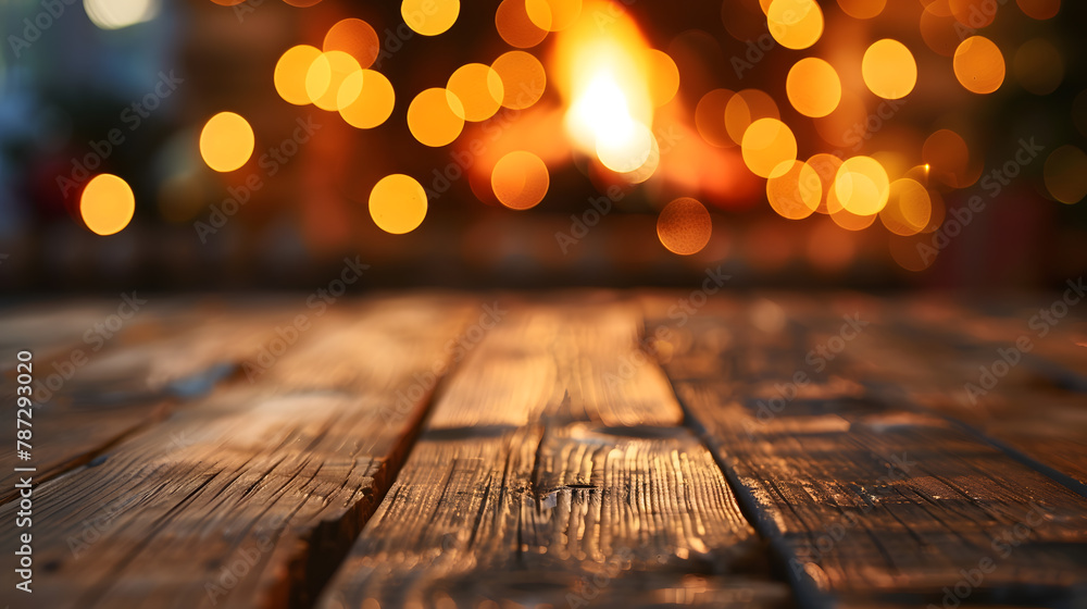 Poster Empty wooden table on Christmas background with fireplace Copy space : Generative AI