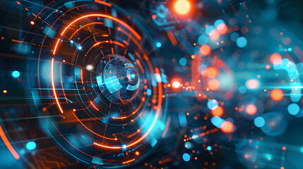 An abstract digital image featuring circular motion elements and glowing lights, embodying motion and data flow