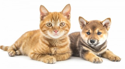 Adorable golden tabby cat and Shiba Inu puppy friends on white background. pet and family themes.