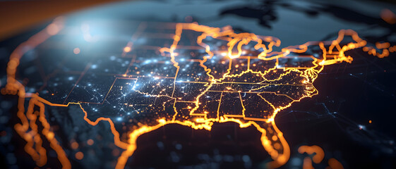 A vibrant depiction of the USA map highlighted with digital connections, symbolizing network, communication, and travel - obrazy, fototapety, plakaty