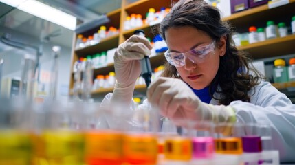 A female biologist carefully transferring a small sample from one test tube to another using a pipette. In the background shelves and cabinets are filled with colorful liquids and . - obrazy, fototapety, plakaty