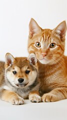 Adorable golden tabby cat and Shiba Inu puppy friends on white background. pet and family themes.