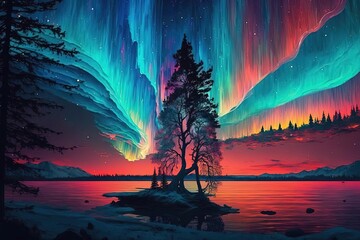 Colorful Aurora Borealis Painting at Night with a River and Surreal Landscape - obrazy, fototapety, plakaty