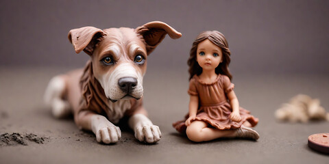 Personnage en pâte à modeler : Petite fille à côté d'un gros chien - obrazy, fototapety, plakaty