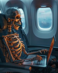 A skeleton is sitting in an airplane, looking out the window and smiling.