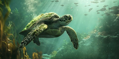Obraz premium An enchanting depiction of a sea turtle gliding through ocean waters with rays of light piercing through