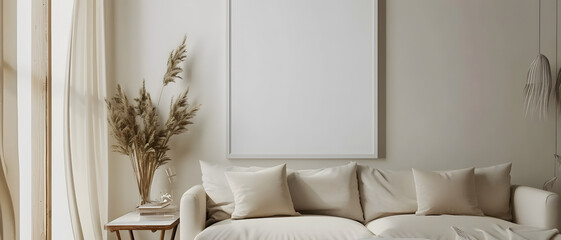 A softly lit modern living room with a natural feel and an empty picture frame for artwork mockups
