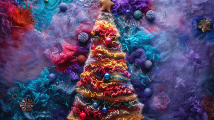Fototapeta na wymiar fuzzy christmas tree multicolor 3D knitting embroidery