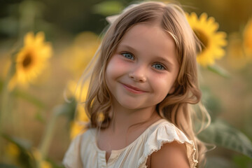 Fototapeta premium Little girl smiling in sunflower field, Happyness and freedom in childhood
