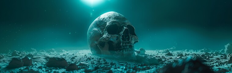 A skull on the ocean floor with a spotlight shining down on it. - obrazy, fototapety, plakaty