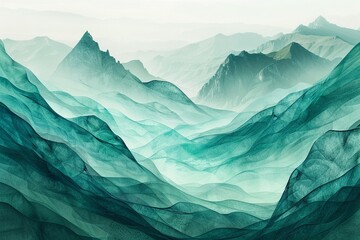 Sage green mountains layered with turquoise geometric designs, a mystical and crisp environment - obrazy, fototapety, plakaty
