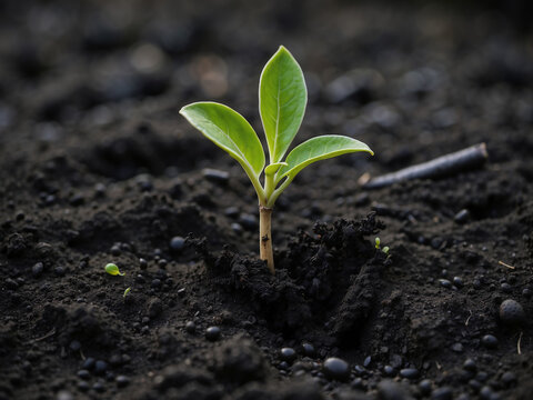 sprouting plant in a black soil