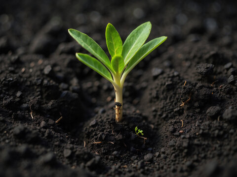 sprouting plant in a black soil
