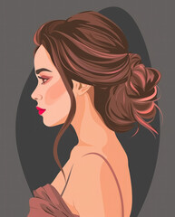 A girl with a beautiful hairstyle and makeup in a dress back view. Not realistic pictures in gray-black dusty pink color. Beauty salon concept